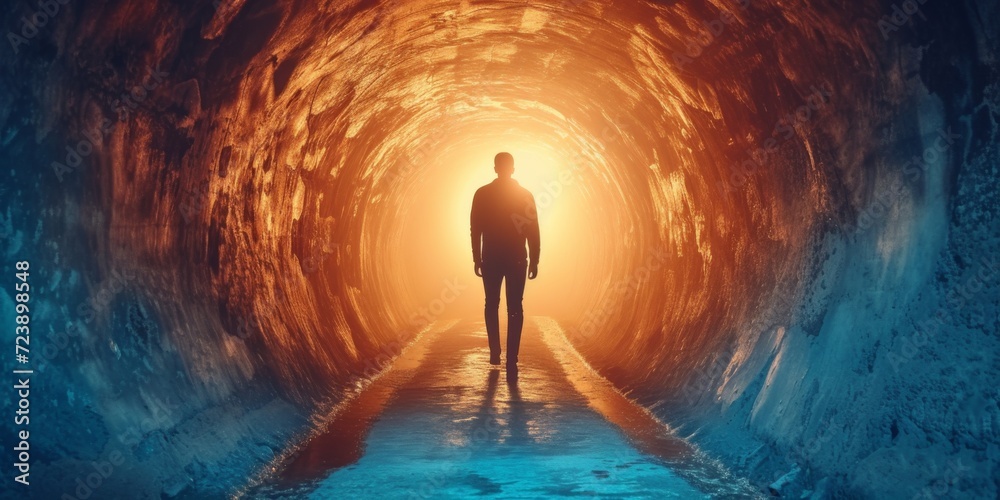 Man Walks Through Tunnel Towards Bright Light, Symbolizing Spiritual Journey And Transcendence. Сoncept Spiritual Awakening, Journey Towards Enlightenment, Transcending Darkness, Path To Inner Light