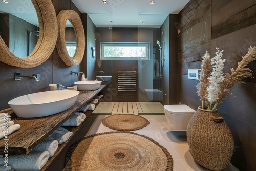 Modern bathroom with natural elements.