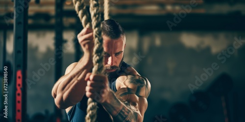 Man Exercising Upper Body Strength By Lifting A Rope At The Gym. Сoncept Strength Training, Upper Body Workout, Rope Exercises, Gym Workout, Fitness Routine