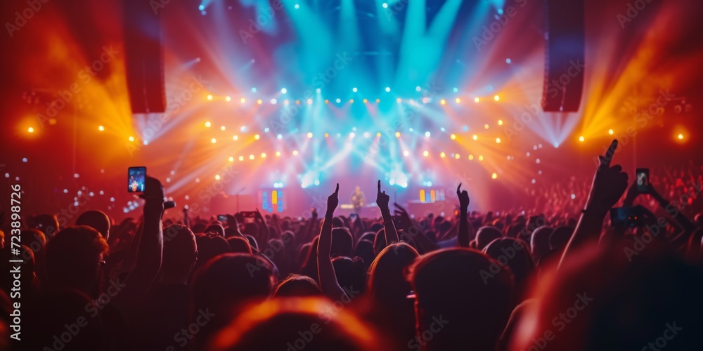 People Celebrating At A Concert, Enhanced By Artificial Intelligence Technology. Сoncept Virtual Reality Gaming, Futuristic Gadgets, Smart Homes, Innovative Robots, Sustainable Technology