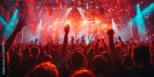People Celebrating At A Concert, Enhanced With Artificial Intelligence Technology. Сoncept Virtual Reality Gaming, Adventure Sports, Creative Art Workshops, Wellness Retreats, Sustainable Fashion