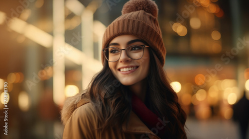 Woman wearing glasses and hat smiles at camera. This picture can be used for various purposes