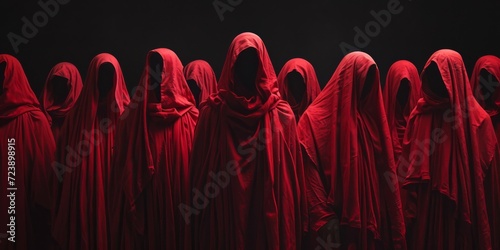Redrobed Figures With Obscured Faces In A Dark Background Evoke A Mysterious Sects Allure. Сoncept Mysterious Sects, Redrobed Figures, Obscured Faces, Dark Background, Allure photo