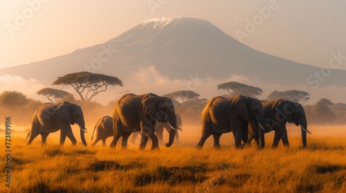Elephants in Amboseli, Kenya, walking in front of Mount Kilimanjaro