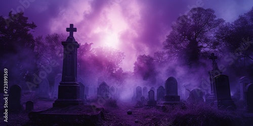 Spooky Purple Cemetery Scene Offers The Perfect Halloween Background Banner. Сoncept Autumn Leaves, Cozy Sweaters, Pumpkin Spice, Fall Foliage Road Trips, Harvest Festivals photo
