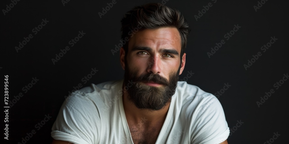 Fashionable Man With A Beard Strikes A Pose In White T-Shirt Against Dramatic Black Backdrop. Сoncept Dramatic Black Backdrop, Fashionable Man, Striking Pose, Beard, White T-Shirt