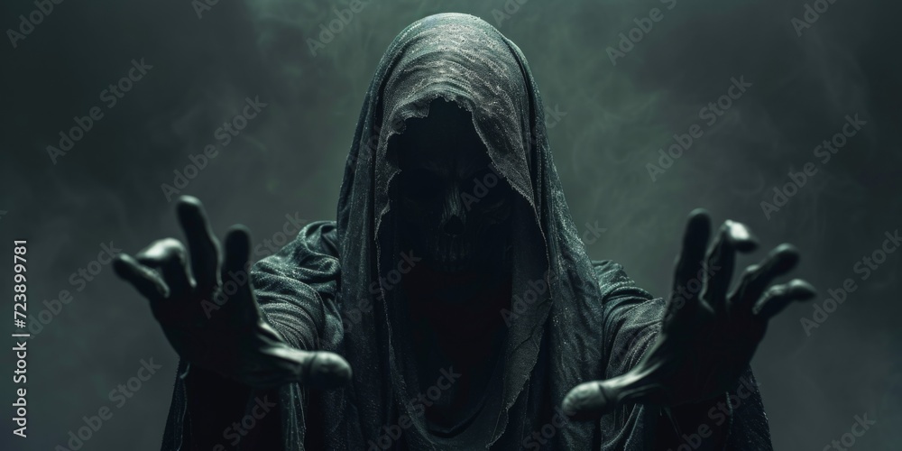 The Personification Of Death Extends Its Hand Towards The Camera Ominously. Сoncept Dark And Dramatic Photoshoot, Haunting Portraits, Eerie Concepts - obrazy, fototapety, plakaty 