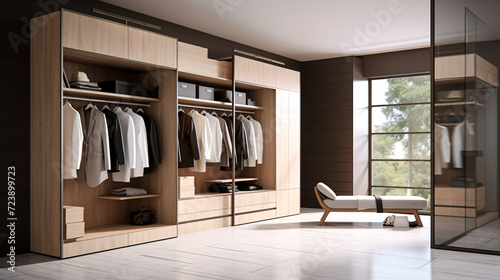 Modern warm wood and white walk in closet, minimal walk in wardrobe dressing room interior design. © Sunday Cat Studio