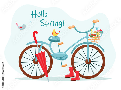 The postcard "Hello, spring". A bicycle with a beautiful bouquet of flowers and green leaves, an umbrella and rubber boots with an inscription. Vector illustration isolated on a white background.