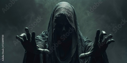 The Personification Of Death Extends Its Hand Towards The Camera Ominously. Сoncept Dark And Dramatic Photoshoot, Haunting Portraits, Eerie Concepts photo