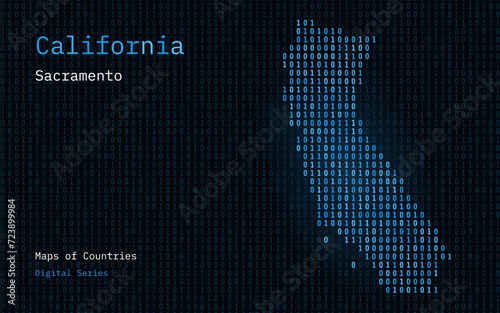 California Map Shown in Binary Code Pattern. Sacramento. Matrix numbers, zero, one. United States Vector Maps. Digital Series	