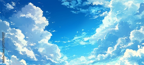 Anime-style illustration of a vast blue sky with luminous, fluffy clouds and a whimsical crescent moon, evoking a serene and sunny day.