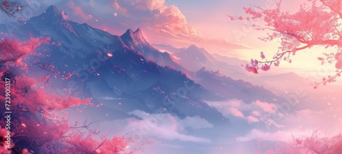 Enchanting anime-style landscape with cherry blossoms and a serene mountain range under a pink and purple dusk sky, exuding peace and tranquility.