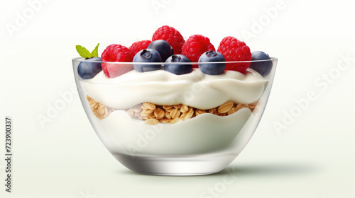 Delicious and healthy snack of yogurt and fresh berries in glass bowl. Perfect for nutritious breakfast or refreshing dessert