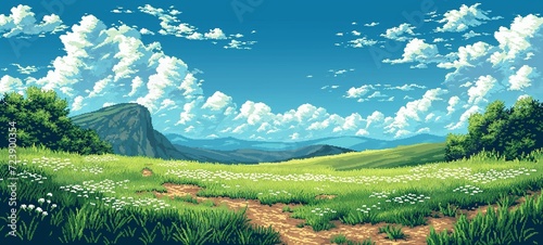 Pixel art landscape of a green meadow and rolling hills under a cloud-filled sky  evoking the charm of early video games with a peaceful  natural countryside setting.