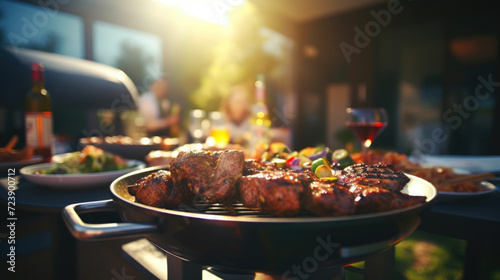 Plate of meat cooking on grill with glass of wine in background. Perfect for food and cooking-related projects