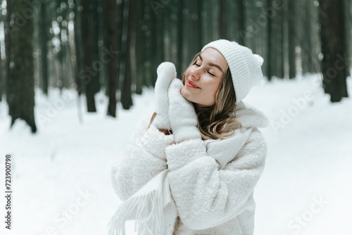 Obraz na płótnie Young woman Enjoying snowy winter forest and warm clothes. Dressed white coat scarf hat and mittens fold palms to face w salonie