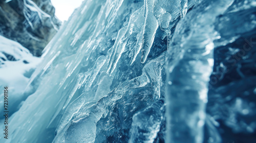 Detailed view of frozen waterfall, capturing intricate ice formations. Perfect for nature and winter-themed projects