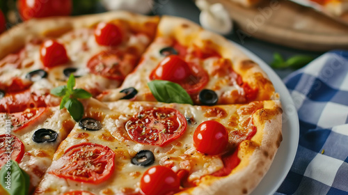 Close up view of delicious pizza on plate. Perfect for food enthusiasts and restaurant promotions