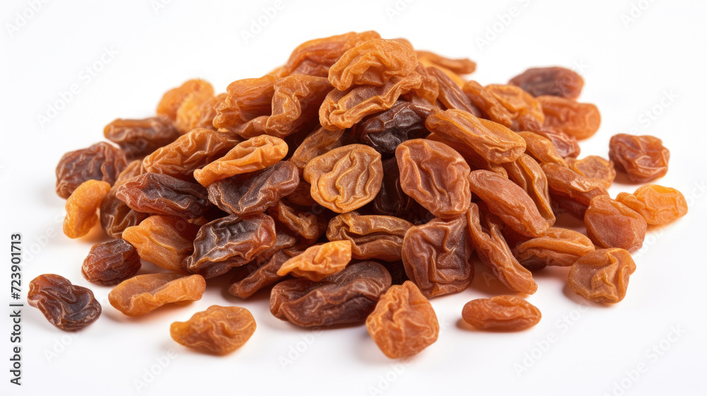 Pile of dried raisins on white surface. Can be used to depict healthy snacks, baking ingredients, or natural food products Pile of dried raisins on white surface. Can be used to depict healthy snacks, baking ingredients, or natural food products