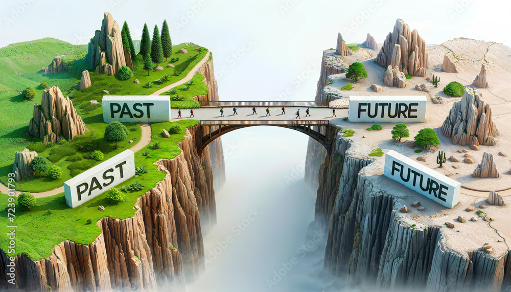 Bridge connecting two cliffs. One side of cliff is barren and rocky ...