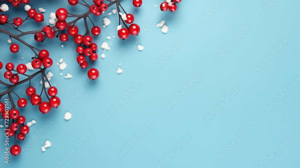 Vibrant blue background adorned with bunch of bright red berries. Perfect for adding pop of color and nature to any design. Vibrant blue background adorned with bunch of bright red berries. Perfect for adding pop of color and nature to any design.