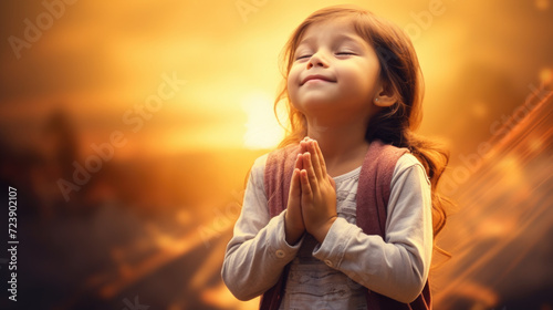 Touching image of young girl deep in prayer, with sun shining brightly in background. Perfect for religious or spiritual themes photo