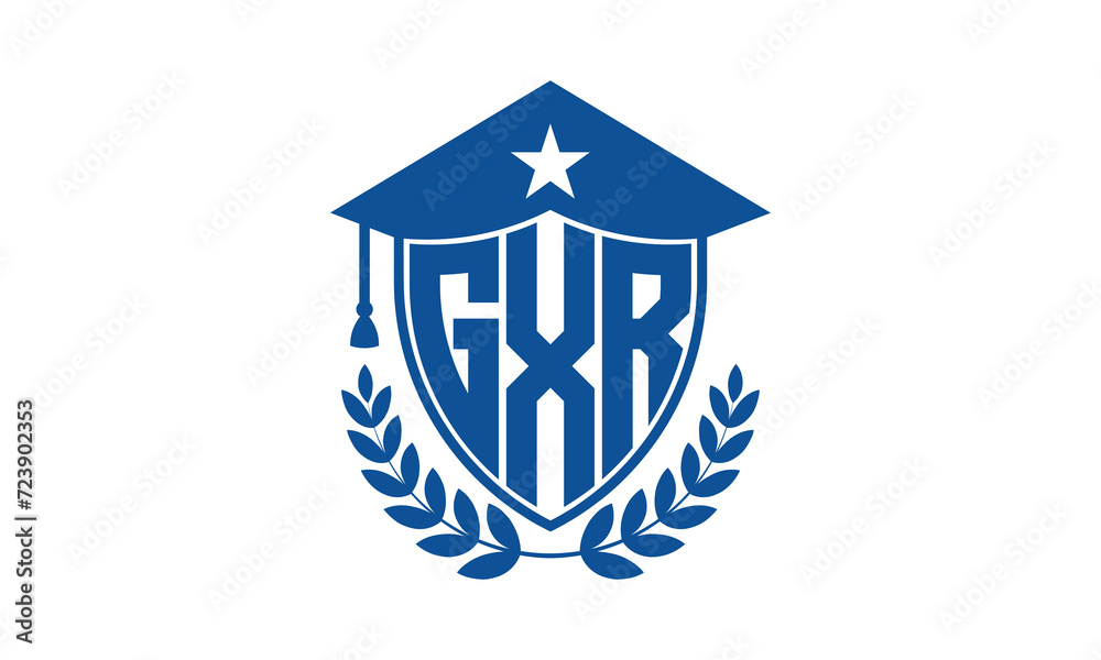GXR three letter iconic academic logo design vector template. monogram, abstract, school, college, university, graduation cap symbol logo, shield, model, institute, educational, coaching canter, tech GXR three letter iconic academic logo design vector template. monogram, abstract, school, college, university, graduation cap symbol logo, shield, model, institute, educational, coaching canter, tech
