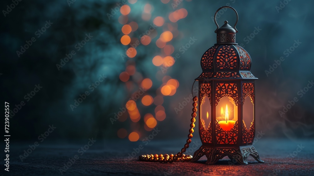 Muslim lamps with tasbih on dark background. Generative AI