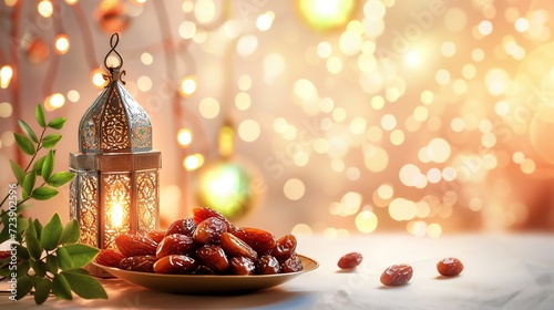 Plate with dates fruit, burning silver Moroccan. Ramadan Kareem greeting card, invitation. Arabic lantern. Generative AI