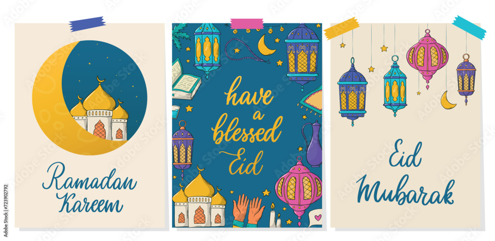 Set of Ramadan cards, banners, posters, invitations decorated with lettering quotes and doodles. Muslim holiday theme. EPS 10
