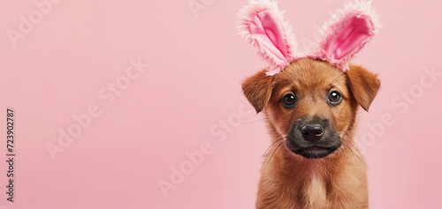 Cute puppy wearing cute bunny ears on pastel pink background. Generative AI