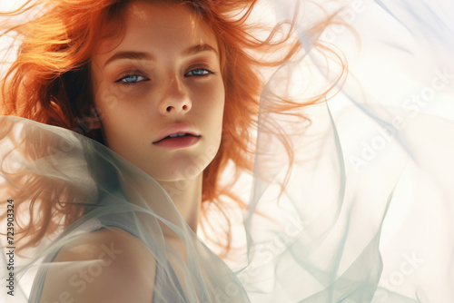 Woman with striking red hair and captivating blue eyes. This versatile image can be used in various contexts © vefimov