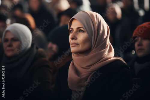 Woman wearing headscarf stands out in crowded gathering. This image can be used to depict diversity, inclusion, multiculturalism, or religious gatherings
