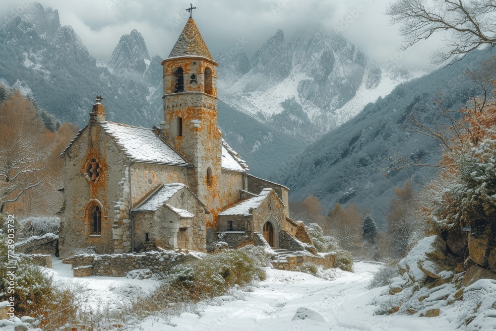 an_old_tower_with_snow_over_it_and_mountains