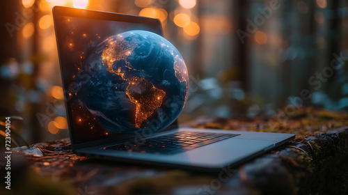 Laptop and Blue globe for global digital business and online communication