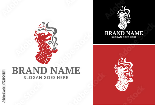 Dragon image, dragon holding a cup. Design for business company, Logo for restaurant or cafe. Emblem logo set.