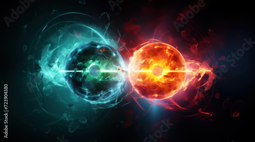 Scientific concept of depicting the fusion of two atoms. Sci-fi background. Quantum physics. Generative AI