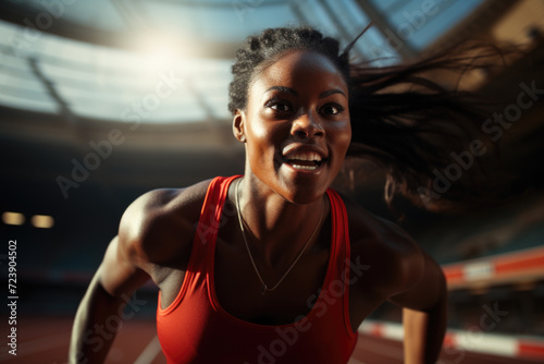 Woman wearing red tank top is running on track. This image can be used to depict fitness, exercise, and active lifestyle