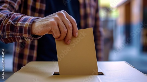 Close-up of a hand casting a ballot into a voting box, election day atmosphere photo