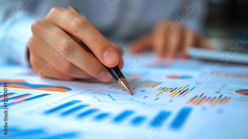 Close-up of an economist's hands analyzing charts and graphs of global economic trends