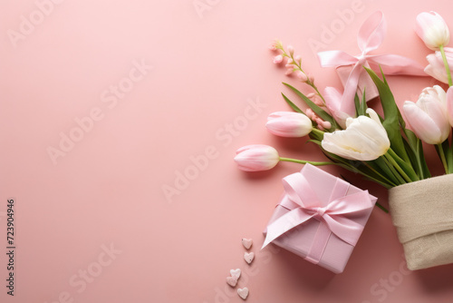 Beautiful bouquet of pink tulips with gift box on pink background. Perfect for occasions like birthdays, anniversaries, or as symbol of love