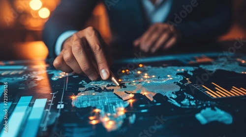 Detailed view of a businessperson analyzing a world map with financial centers highlighted