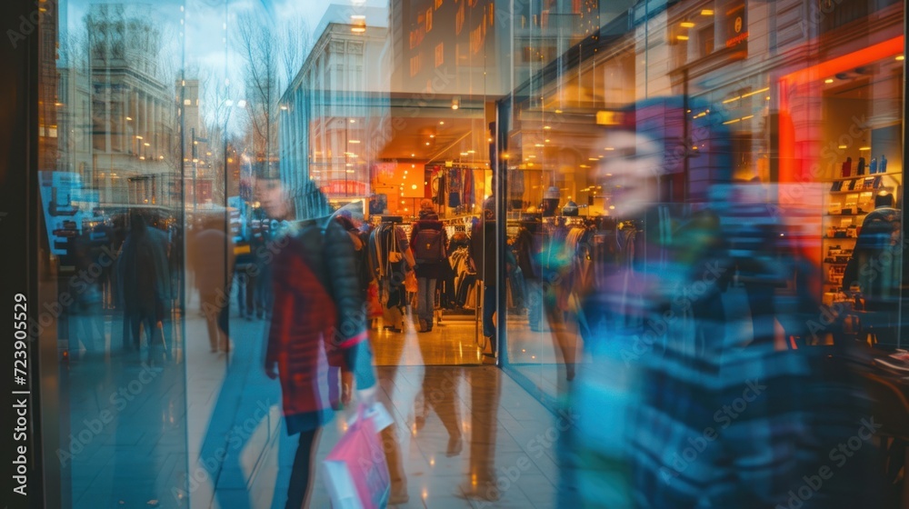 Detailed view of a storefront window in a busy shopping district, reflections of diverse shoppers - obrazy, fototapety, plakaty 