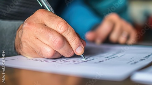 Detailed view of a voters hand marking a ballot paper with a pen, focused and decisive photo