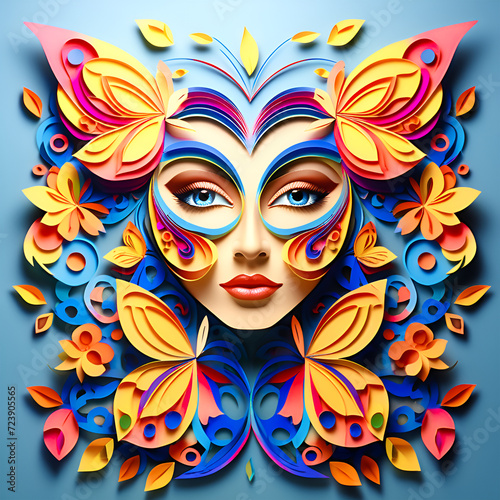 Colorful kirigami art of a butterfly face