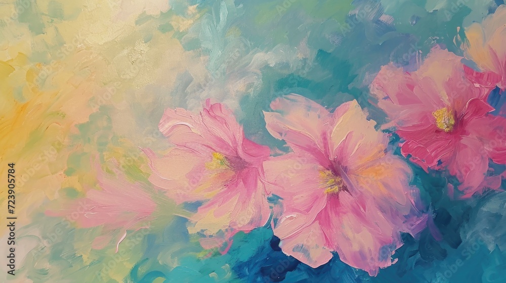 Watercolor painting of pink hibiscus flowers on colorful background