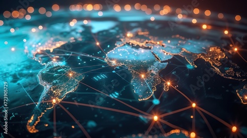 Detailed view of a world map with glowing lines connecting major financial centers photo