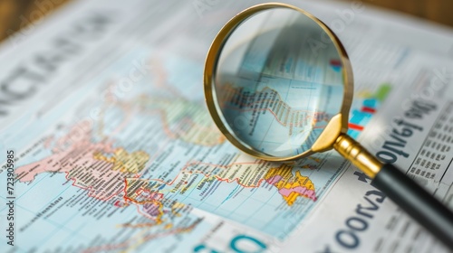 Macro shot of a financial newspaper highlighting global economic growth trends  with a magnifying glass focusing on key areas