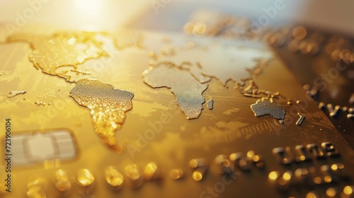 Macro shot of a gold credit card with a world map design, symbolizing global finance #723906104